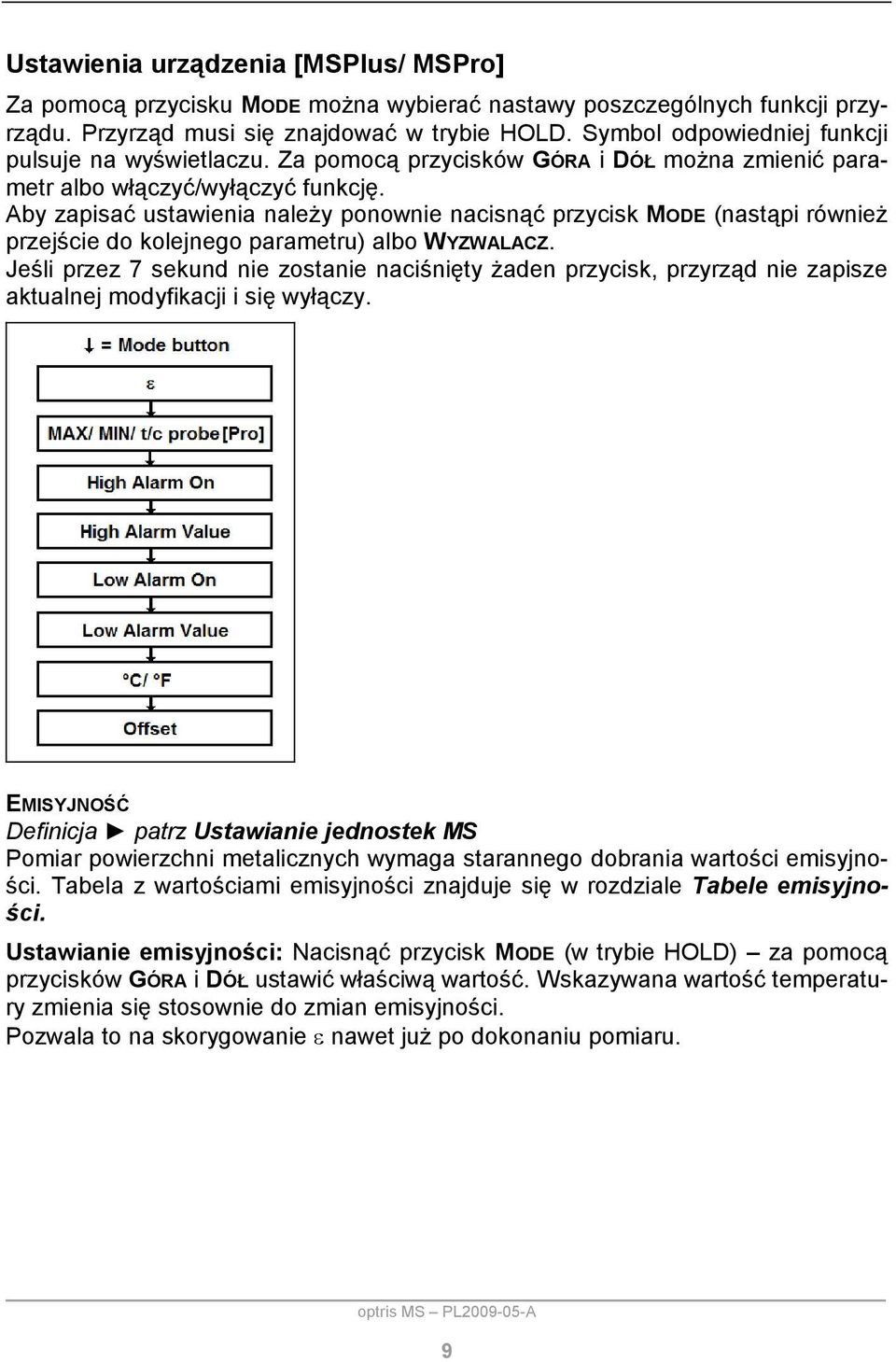 Aby zapisać ustawienia należy ponownie nacisnąć przycisk MODE (nastąpi również przejście do kolejnego parametru) albo WYZWALACZ.