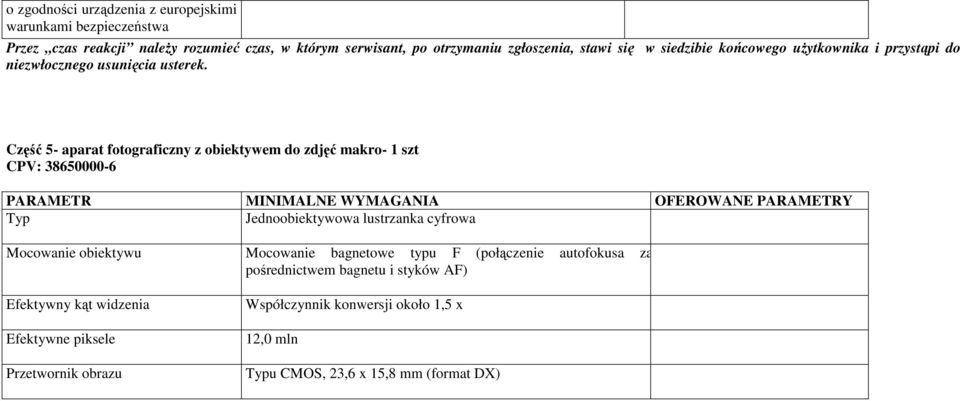 Część 5- aparat fotograficzny z obiektywem do zdjęć makro- 1 szt CPV: 38650000-6 PARAMETR MINIMALNE WYMAGANIA OFEROWANE PARAMETRY Typ Jednoobiektywowa lustrzanka