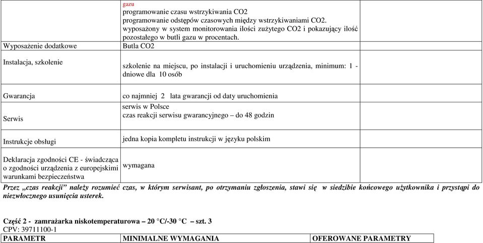 WyposaŜenie dodatkowe Butla CO2 Instalacja, szkolenie szkolenie na miejscu, po instalacji i uruchomieniu urządzenia, minimum: 1 - dniowe dla 10 osób Gwarancja co najmniej 2 lata gwarancji od daty