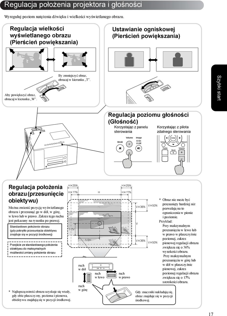 Szybki start Regulacja poziomu głośności (Głośność) Korzystając z panelu sterowania Korzystając z pilota zdalnego sterowania Regulacja położenia obrazu (przesunięcie obiektywu) Można zmienić pozycję