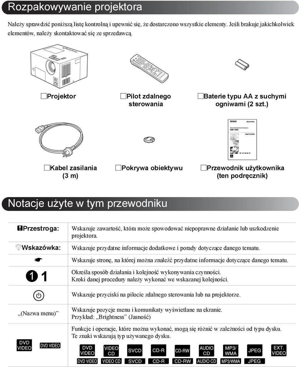 ) YKabel zasilania (3 m) YPokrywa obiektywu YPrzewodnik użytkownika (ten podręcznik) Notacje użyte w tym przewodniku cprzestroga: QWskazówka: s v 1 1 (Nazwa menu) Wskazuje zawartość, która może