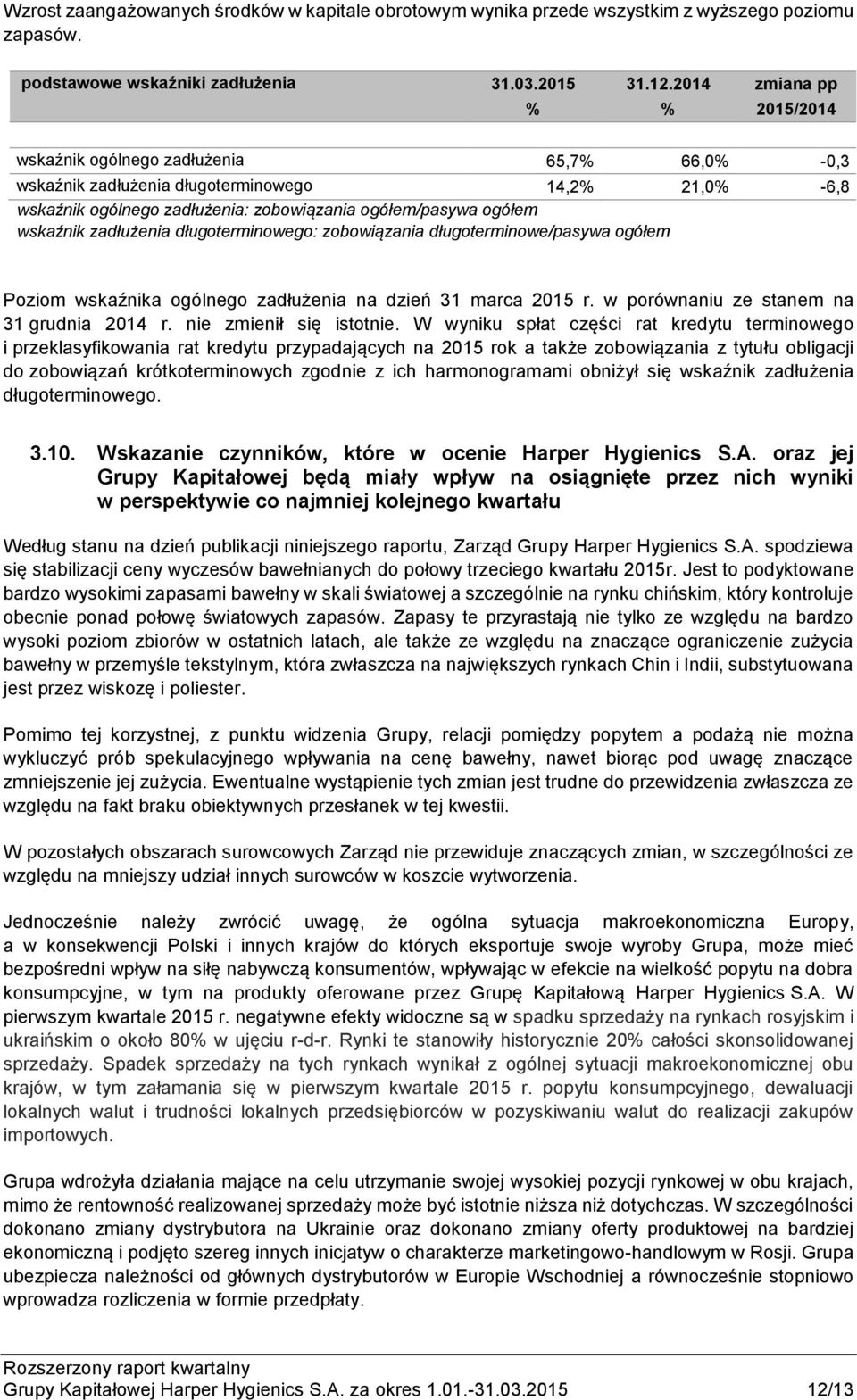 wskaźnik zadłużenia długoterminowego: zobowiązania długoterminowe/pasywa ogółem Poziom wskaźnika ogólnego zadłużenia na dzień 31 marca 2015 r. w porównaniu ze stanem na 31 grudnia 2014 r.