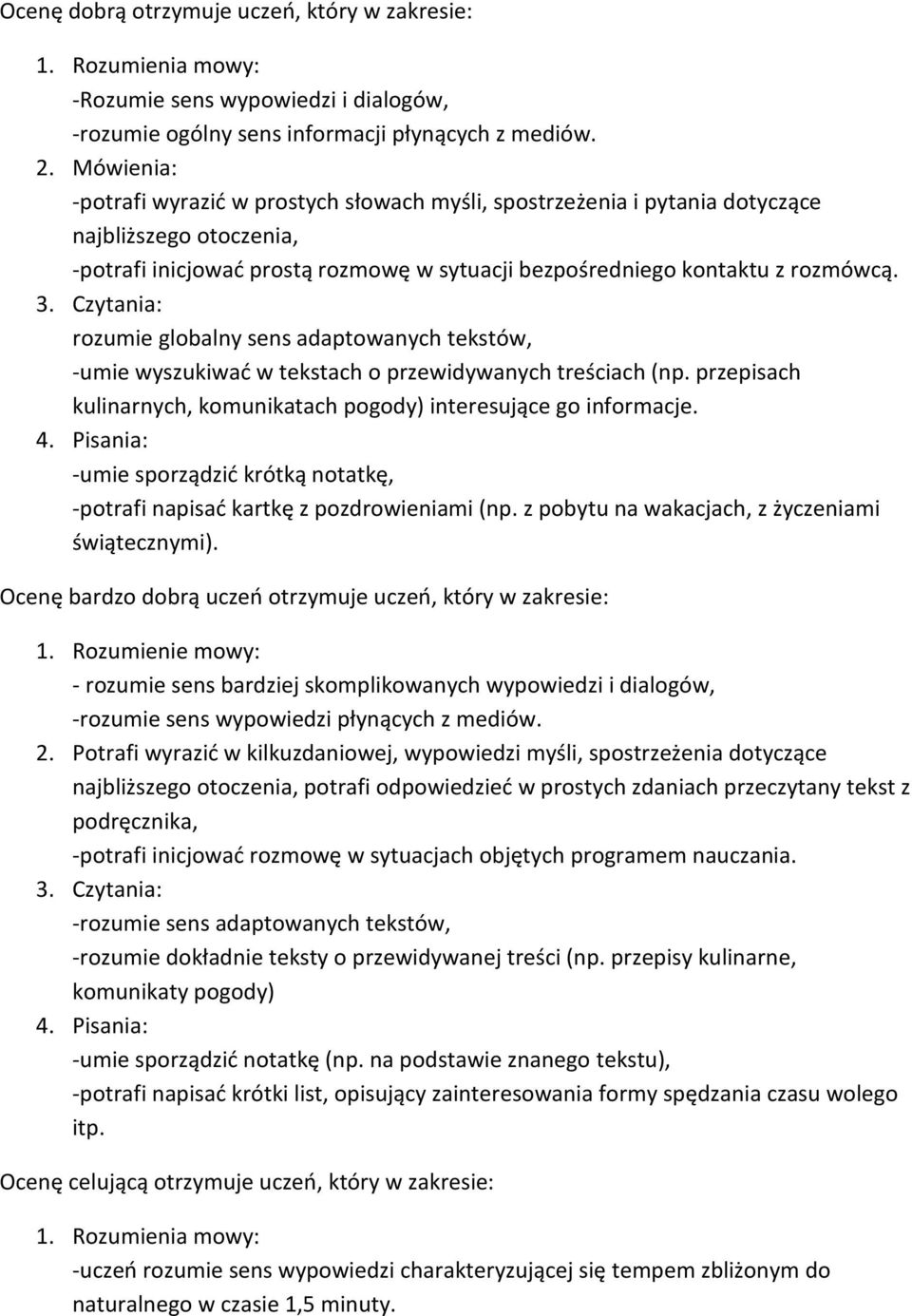 Czytania: rozumie globalny sens adaptowanych tekstów, -umie wyszukiwać w tekstach o przewidywanych treściach (np. przepisach kulinarnych, komunikatach pogody) interesujące go informacje. 4.