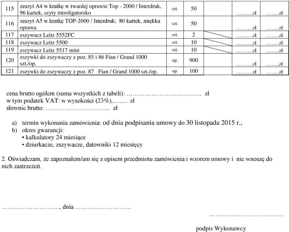 87 Fian / Grand 1000 szt./op. op. 100 cena brutto ogółem (suma wszystkich z tabeli): zł w tym podatek VAT: w wysokości (23%),.. zł słownie brutto:.