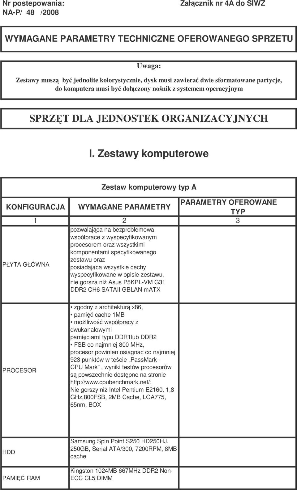 Zestawy komputerowe Zestaw komputerowy typ A PŁYTA GŁÓWNA pozwalajca na bezproblemowa współprace z wyspecyfikowanym procesorem oraz wszystkimi komponentami specyfikowanego zestawu oraz posiadajca