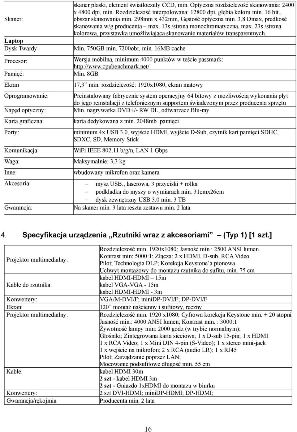 13s /strona monochromatyczna, max. 23s /strona kolorowa, przystawka umożliwiająca skanowanie materiałów transparentnych. Min. 750GB min. 7200obr, min.