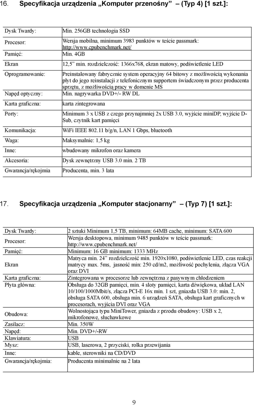 przez producenta sprzętu, z możliwością pracy w domenie MS Min. nagrywarka DVD+/- RW DL karta zintegrowana Porty: Minimum 3 x USB z czego przynajmniej 2x USB 3.