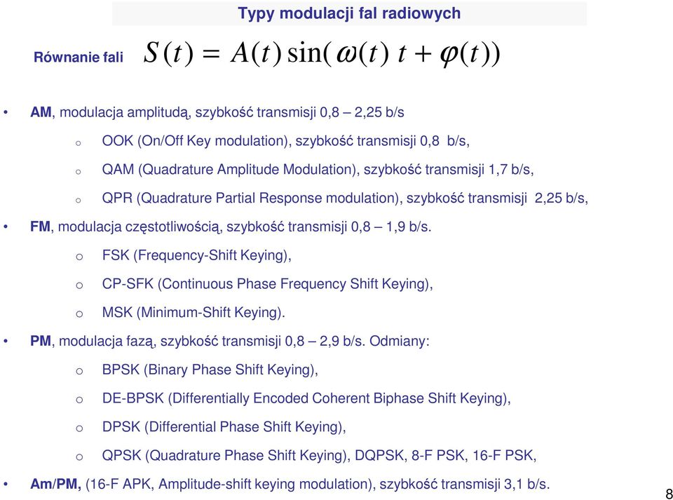 0,8 1,9 b/s. o o o FSK (Frequency-Shift Keying), CP-SFK (Continuous Phase Frequency Shift Keying), MSK (Minimum-Shift Keying). PM, modulacja fazą, szybkość transmisji 0,8 2,9 b/s.