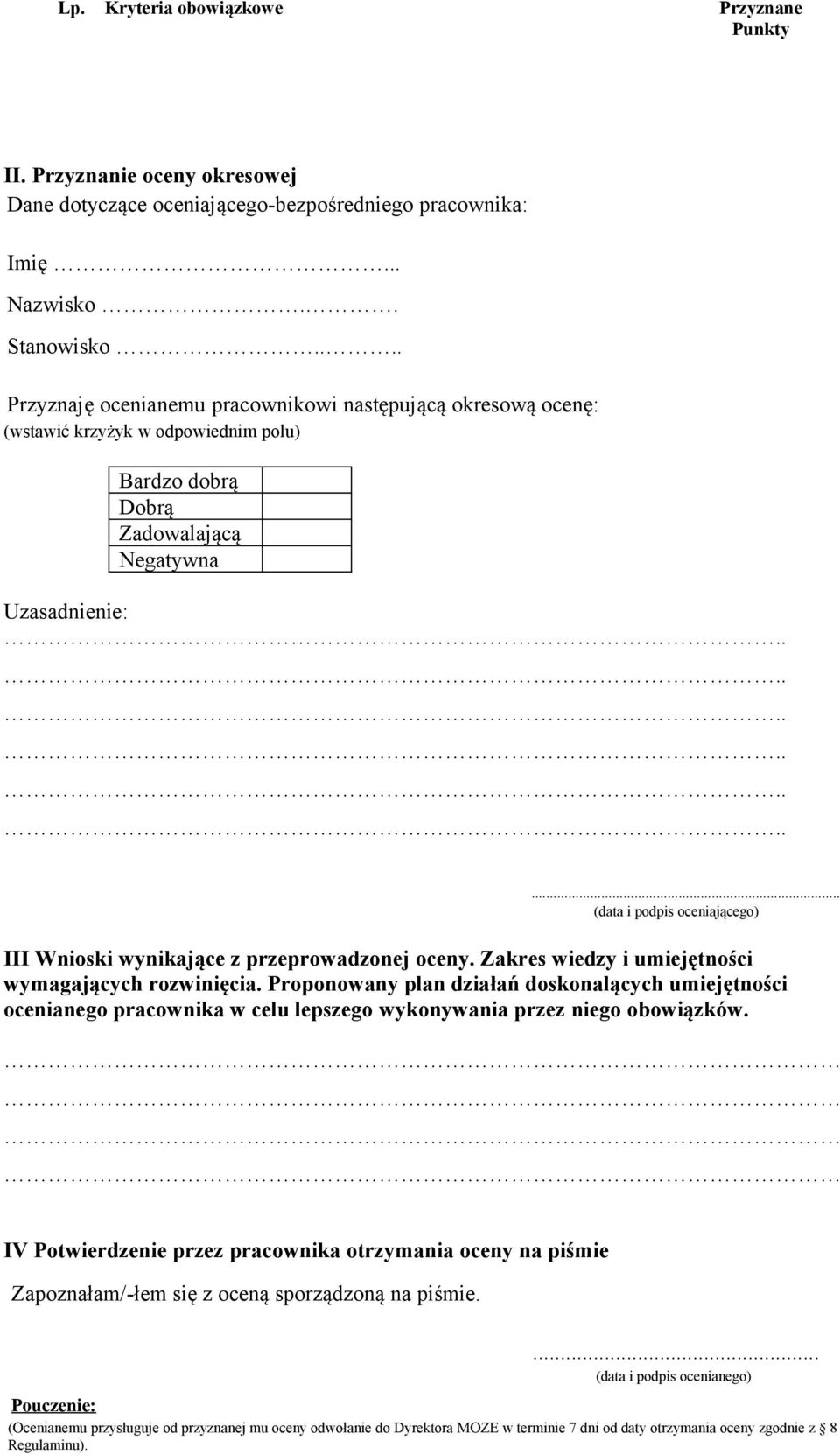 .............. (data i podpis oceniającego) III Wnioski wynikające z przeprowadzonej oceny. Zakres wiedzy i umiejętności wymagających rozwinięcia.