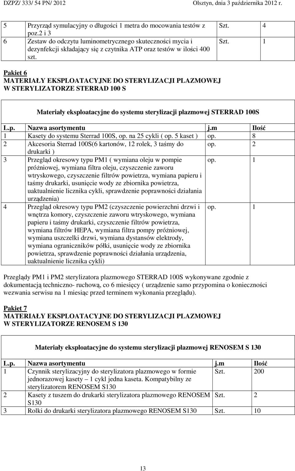 1 Pakiet 6 MATERIAŁY EKSPLOATACYJNE DO STERYLIZACJI PLAZMOWEJ W STERYLIZATORZE STERRAD 100 S Materiały eksploatacyjne do systemu sterylizacji plazmowej STERRAD 100S L.p. Nazwa asortymentu j.