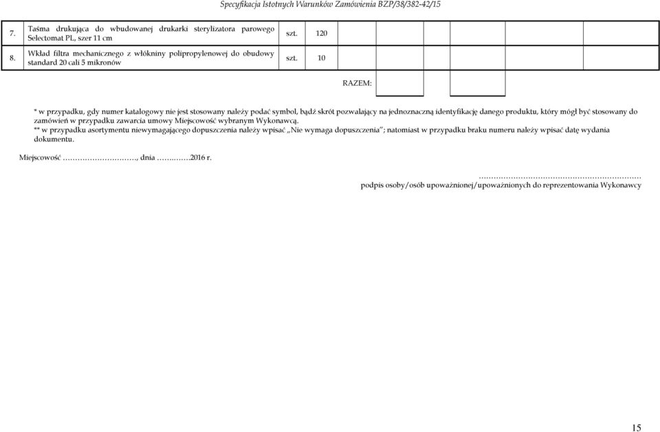 10 RAZEM: * w przypadku, gdy numer katalogowy nie jest stosowany należy podać symbol, bądź skrót pozwalający na jednoznaczną identyfikację danego produktu, który mógł być stosowany