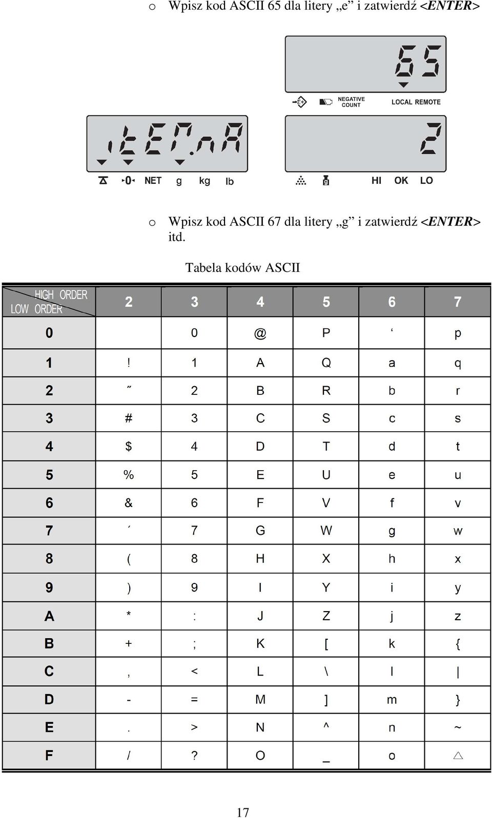 ASCII 67 dla litery g i zatwierdź