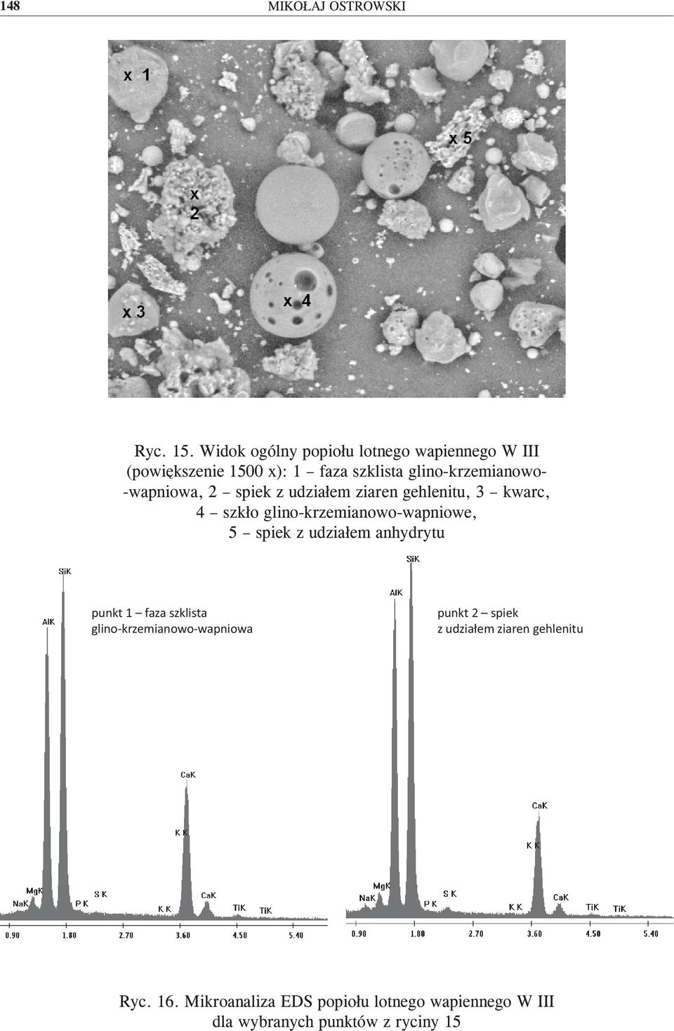 -wapniowa, 2 spiek z udziałem ziaren gehlenitu, 3 kwarc, 4 szkło glino-krzemianowo-wapniowe, 5 spiek z