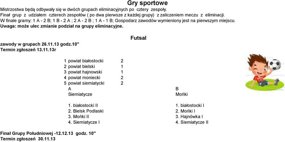 W finale gramy: 1-2 ; 1-2 ; 2-2 ; 1-1 ; Gospodarz zawodów wymieniony jest na pierwszym miejscu. Uwaga: może ulec zmianie podział na grupy eliminacyjne. zawody w grupach 26.11.