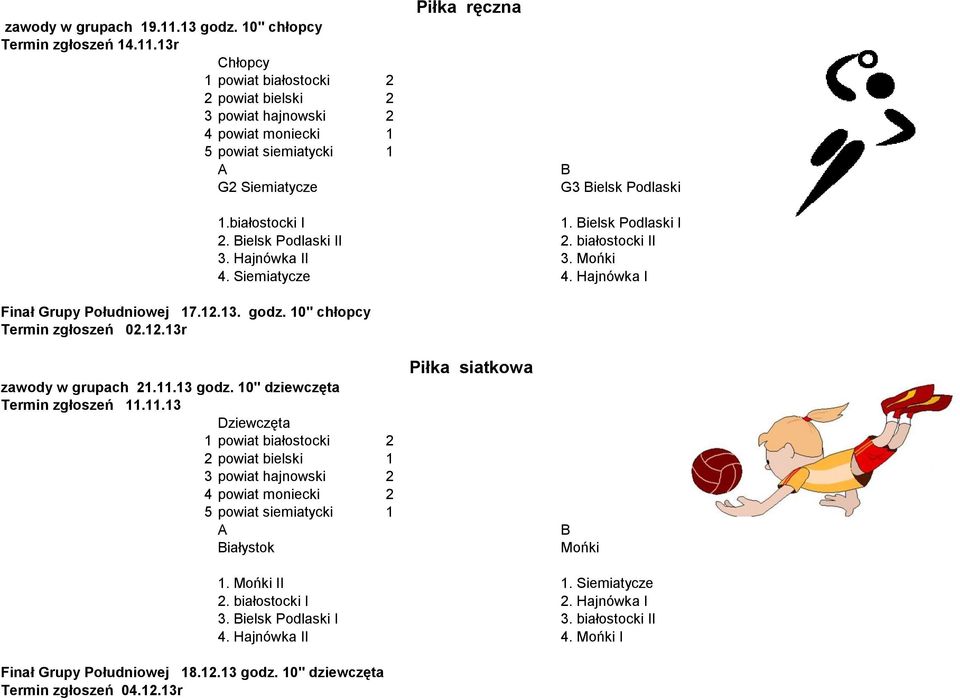 Hajnówka I zawody w grupach 21.11.13 godz. 10" dziewczęta Termin zgłoszeń 11.11.13 2 powiat bielski 1 3 powiat hajnowski 2 4 powiat moniecki 2 iałystok Piłka siatkowa Mońki Finał Grupy Południowej 18.