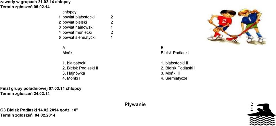 14 chłopcy 2 powiat bielski 2 3 powiat hajnowski 1 4 powiat moniecki 2 Mońki ielsk Podlaski Finał grupy