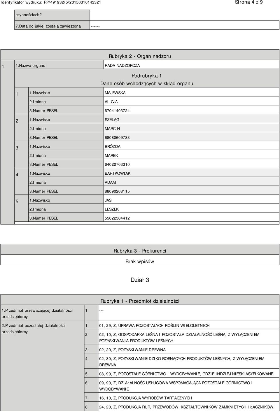 Numer PESEL 88090208115 5 1.Nazwisko JAS LESZEK 3.Numer PESEL 55022504412 Rubryka 3 - Prokurenci Dział 3 Rubryka 1 - Przedmiot działalności 1.Przedmiot przeważającej działalności przedsiębiorcy 2.