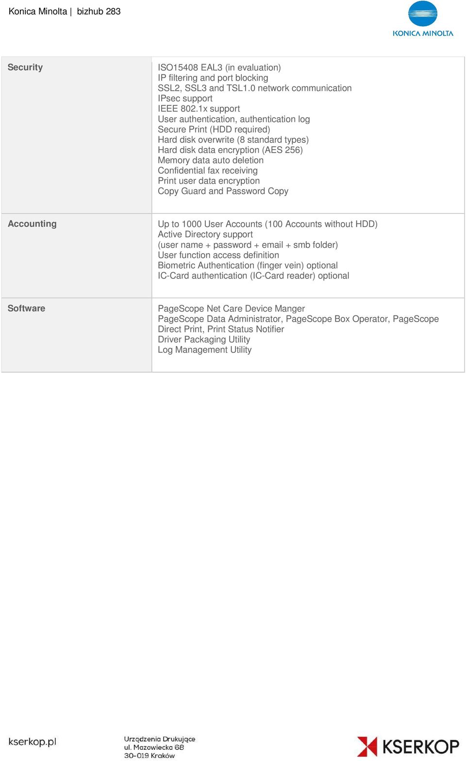 receiving Print user data encryption Copy Guard and Password Copy Accounting Up to 1000 User Accounts (100 Accounts without HDD) Active Directory support (user name + password + email + smb folder)