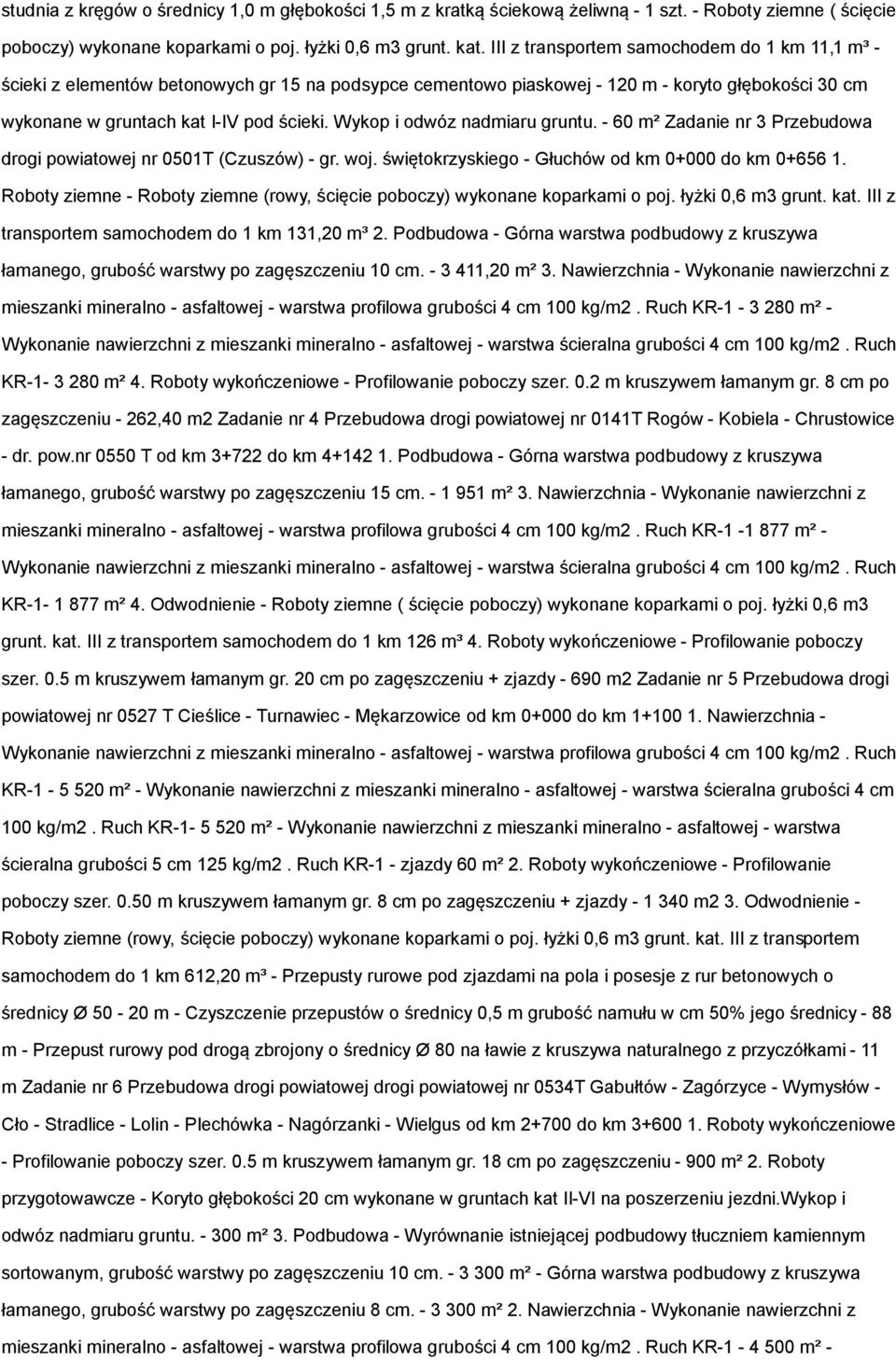 Wykop i odwóz nadmiaru gruntu. - 60 m² Zadanie nr 3 Przebudowa drogi powiatowej nr 0501T (Czuszów) - gr. woj. świętokrzyskiego - Głuchów od km 0+000 do km 0+656 1.