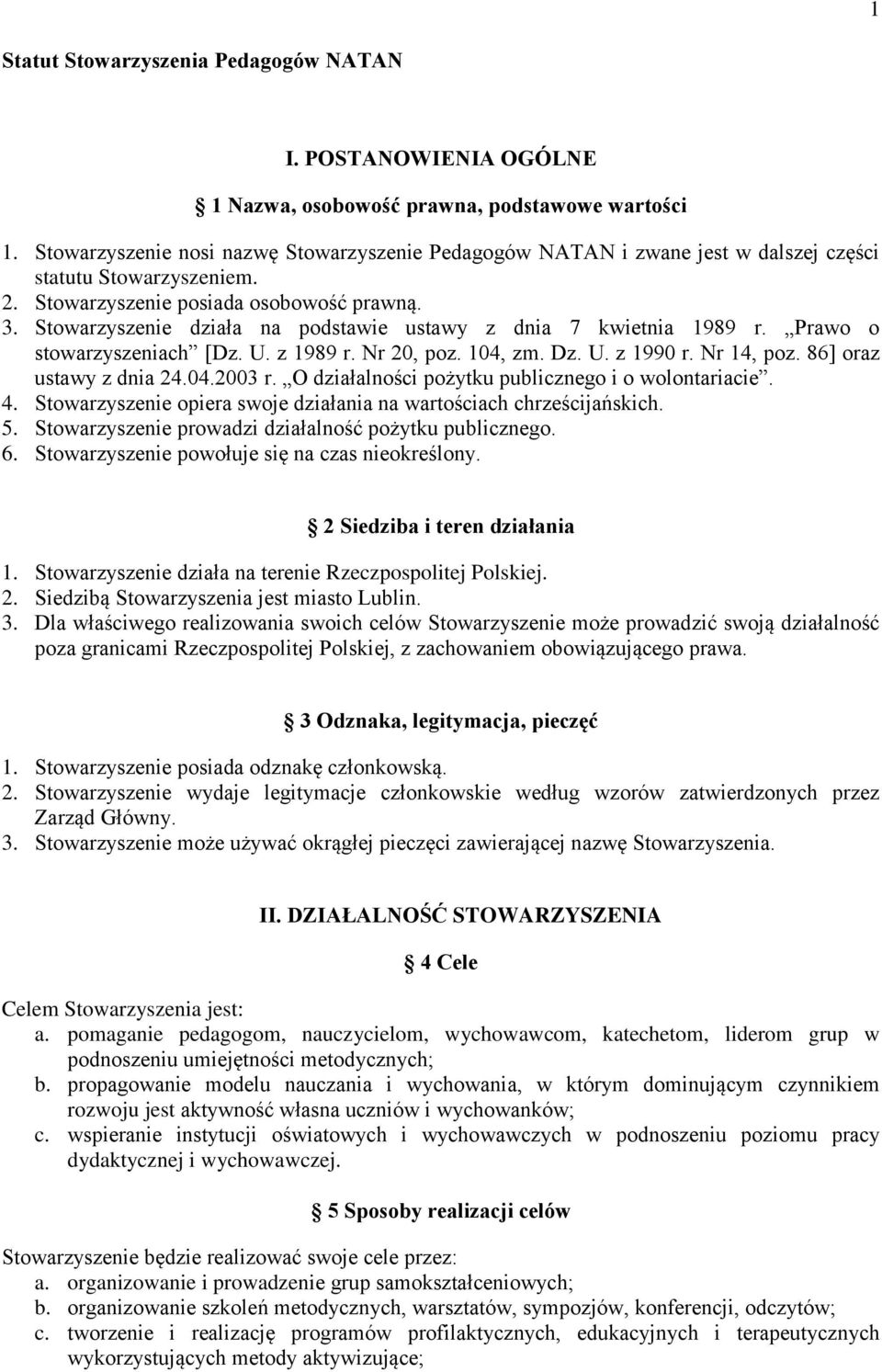 Stowarzyszenie działa na podstawie ustawy z dnia 7 kwietnia 1989 r. Prawo o stowarzyszeniach [Dz. U. z 1989 r. Nr 20, poz. 104, zm. Dz. U. z 1990 r. Nr 14, poz. 86] oraz ustawy z dnia 24.04.2003 r.