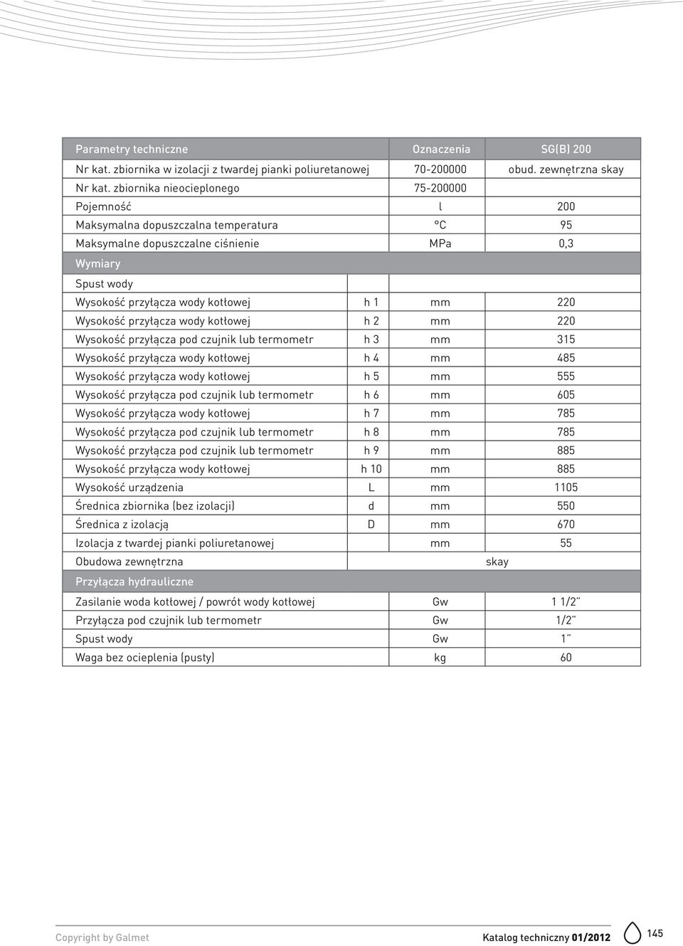 pod czujnik lub termometr h 3 mm 315 Wysokość przyłącza wody kotłowej h 4 mm 485 Wysokość przyłącza wody kotłowej h 5 mm 555 Wysokość przyłącza pod czujnik lub termometr h 6 mm 605 Wysokość przyłącza