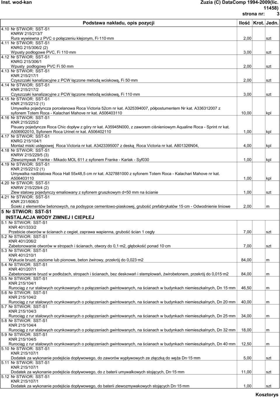 14 Nr STWiOR: SST-S1 KNR 215/217/2 Czyszczaki kanalizacyjne z PCW ł czone metod wciskow, Fi 110 mm 3,00 szt 4.