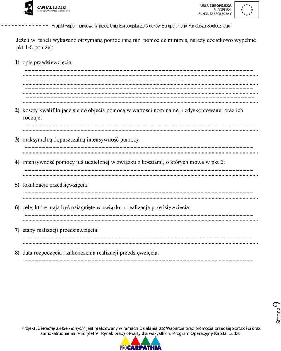 pomocy: 4) intensywność pomocy już udzielonej w związku z kosztami, o których mowa w pkt 2: 5) lokalizacja przedsięwzięcia: 6) cele, które mają