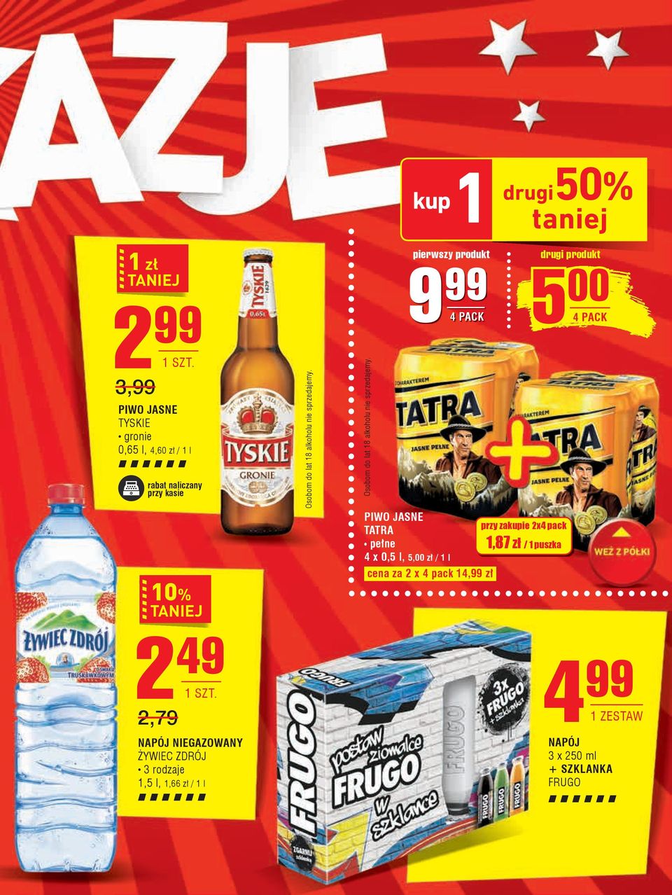 pierwszy produkt 9 99 5 4 PACK PIWO JASNE TATRA pełne 4 x 0,5 l, 5,00 zł / 1 l cena za 2 x 4 pack 14,99 zł przy zakupie