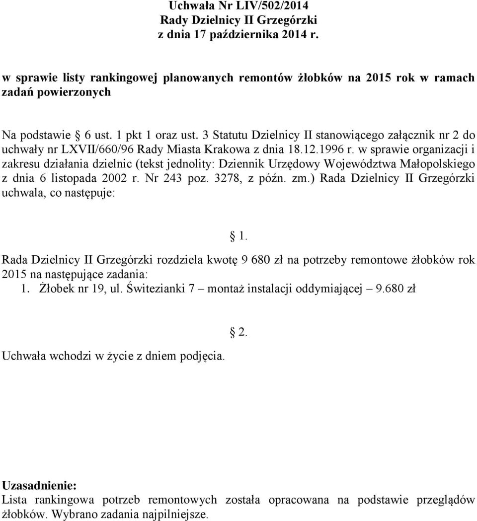 w sprawie organizacji i zakresu działania dzielnic (tekst jednolity: Dziennik Urzędowy Województwa Małopolskiego z dnia 6 listopada 2002 r. Nr 243 poz. 3278, z późn. zm.