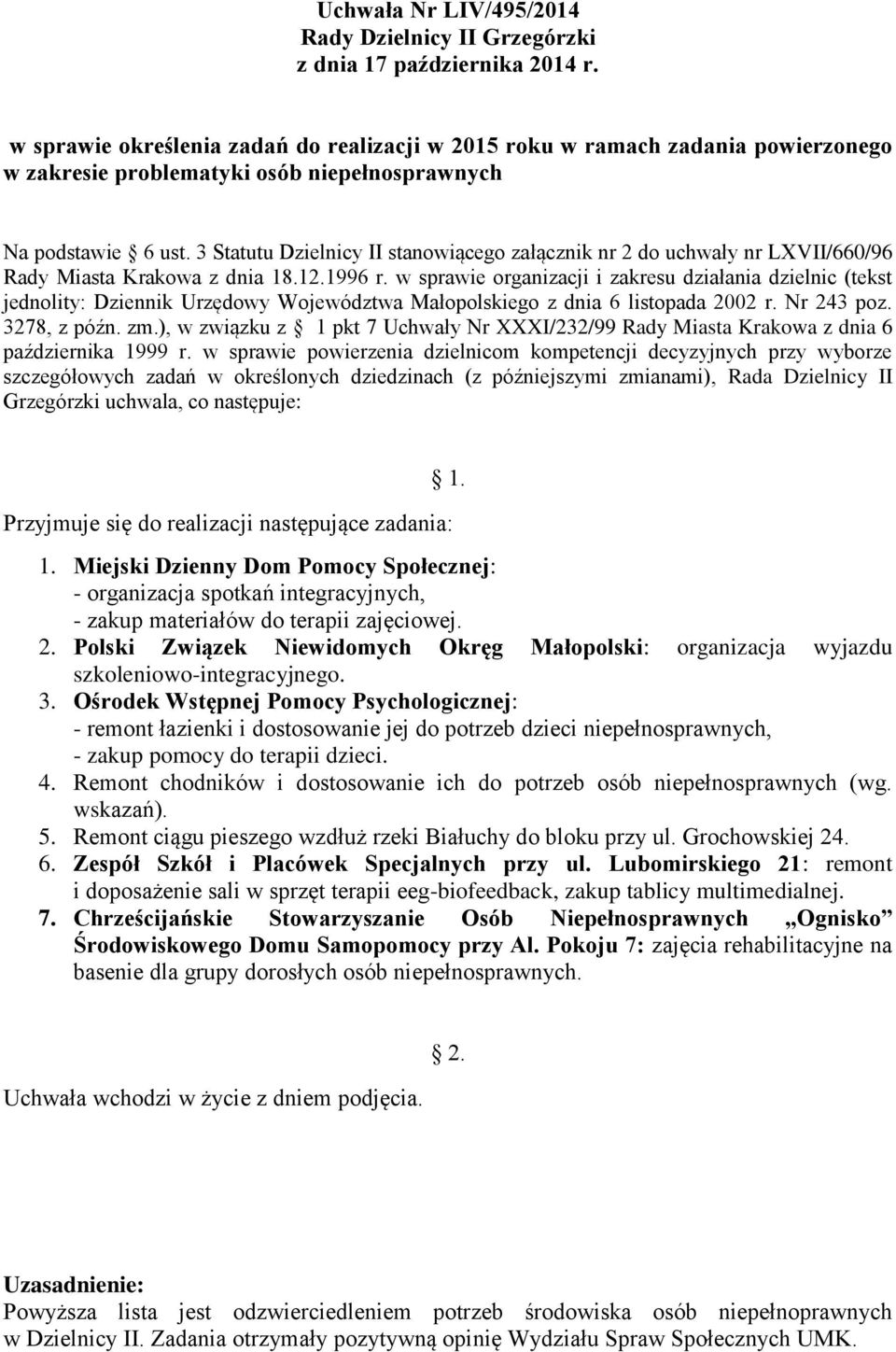 w sprawie organizacji i zakresu działania dzielnic (tekst jednolity: Dziennik Urzędowy Województwa Małopolskiego z dnia 6 listopada 2002 r. Nr 243 poz. 3278, z późn. zm.