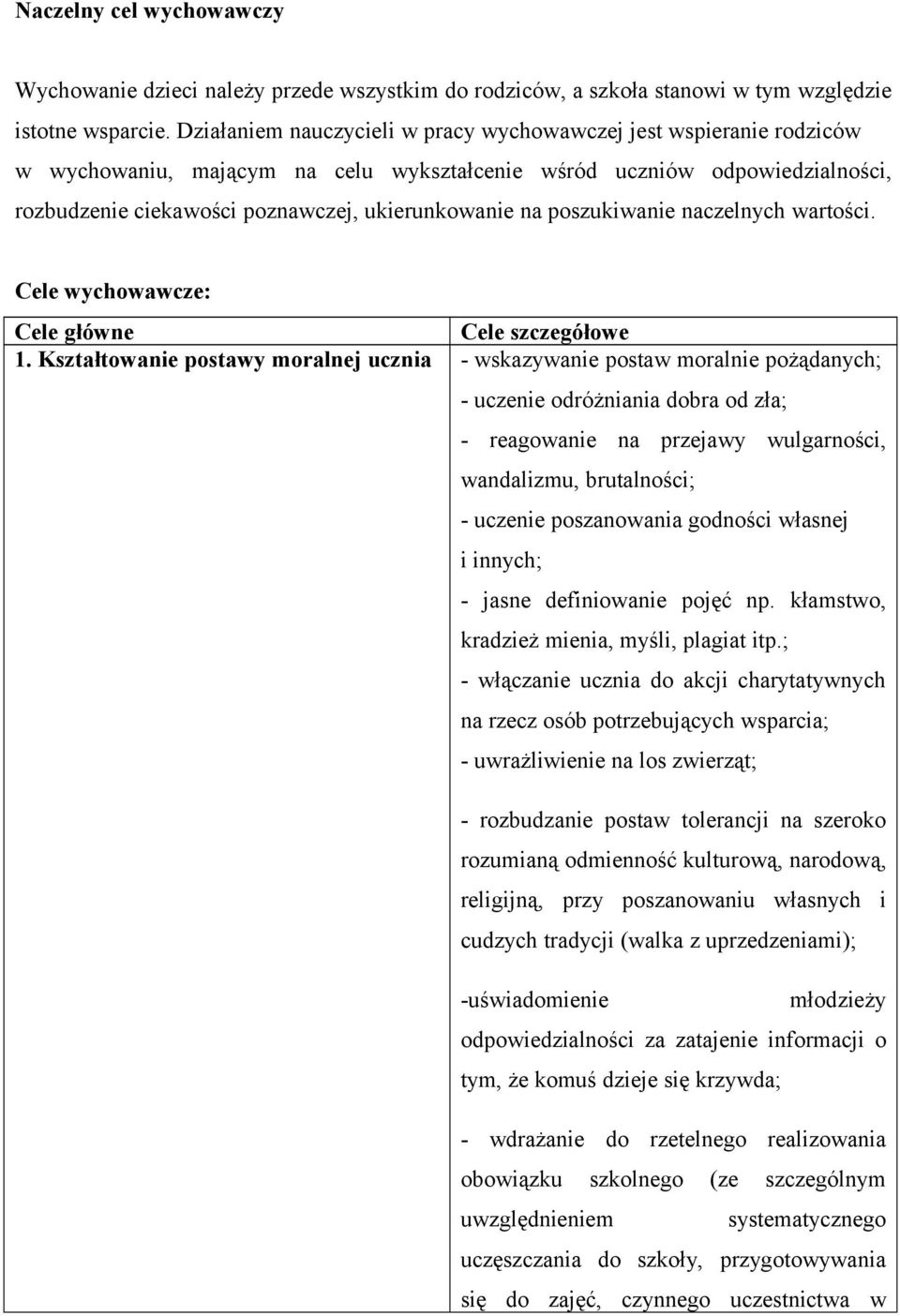 poszukiwanie naczelnych wartości. Cele wychowawcze: Cele główne Cele szczegółowe 1.