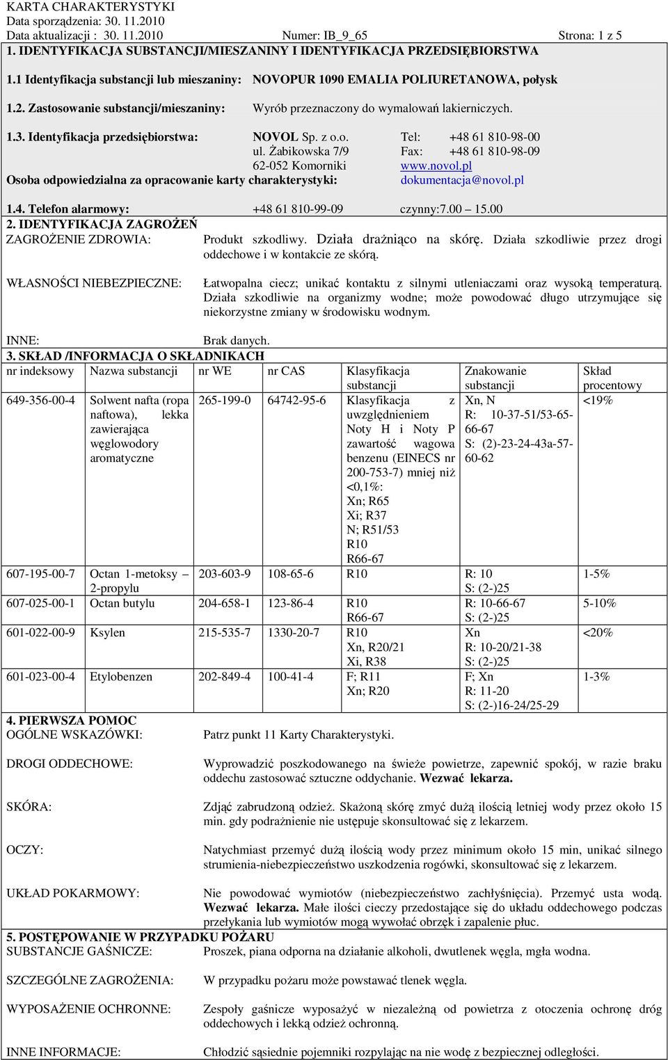 pl Osoba odpowiedzialna za opracowanie karty charakterystyki: dokumentacja@novol.pl 1.4. Telefon alarmowy: +48 61 810-99-09 czynny:7.00 15.00 2.