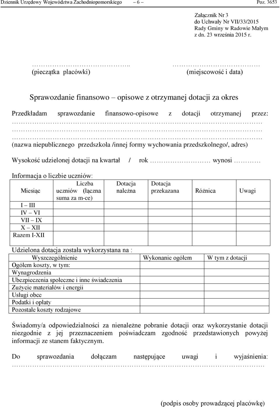 przedszkola /innej formy wychowania przedszkolnego/, adres) Wysokość udzielonej dotacji na kwartał / rok wynosi Informacja o liczbie uczniów: Liczba Miesiąc uczniów (łączna suma za m-ce) I III IV VI