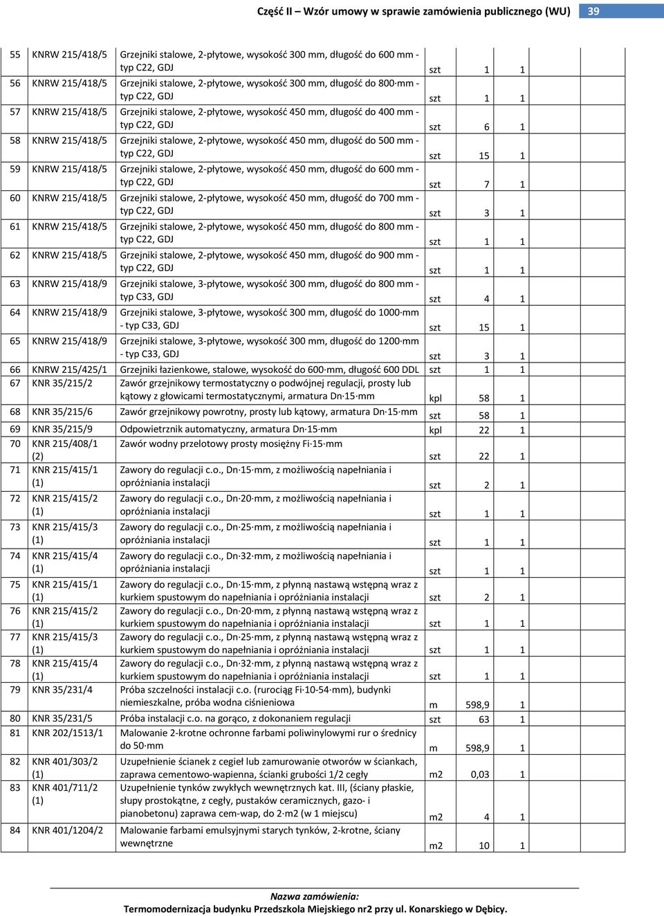 500 mm - typ C22, GDJ szt 15 1 59 KNRW 215/418/5 Grzejniki stalowe, 2-płytowe, wysokość 450 mm, długość do 600 mm - typ C22, GDJ szt 7 1 60 KNRW 215/418/5 Grzejniki stalowe, 2-płytowe, wysokość 450