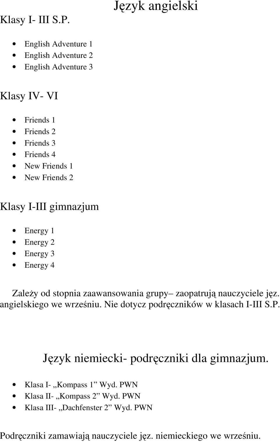 New Friends 2 Klasy I-III gimnazjum Energy 1 Energy 2 Energy 3 Energy 4 Zależy od stopnia zaawansowania grupy zaopatrują nauczyciele jęz.