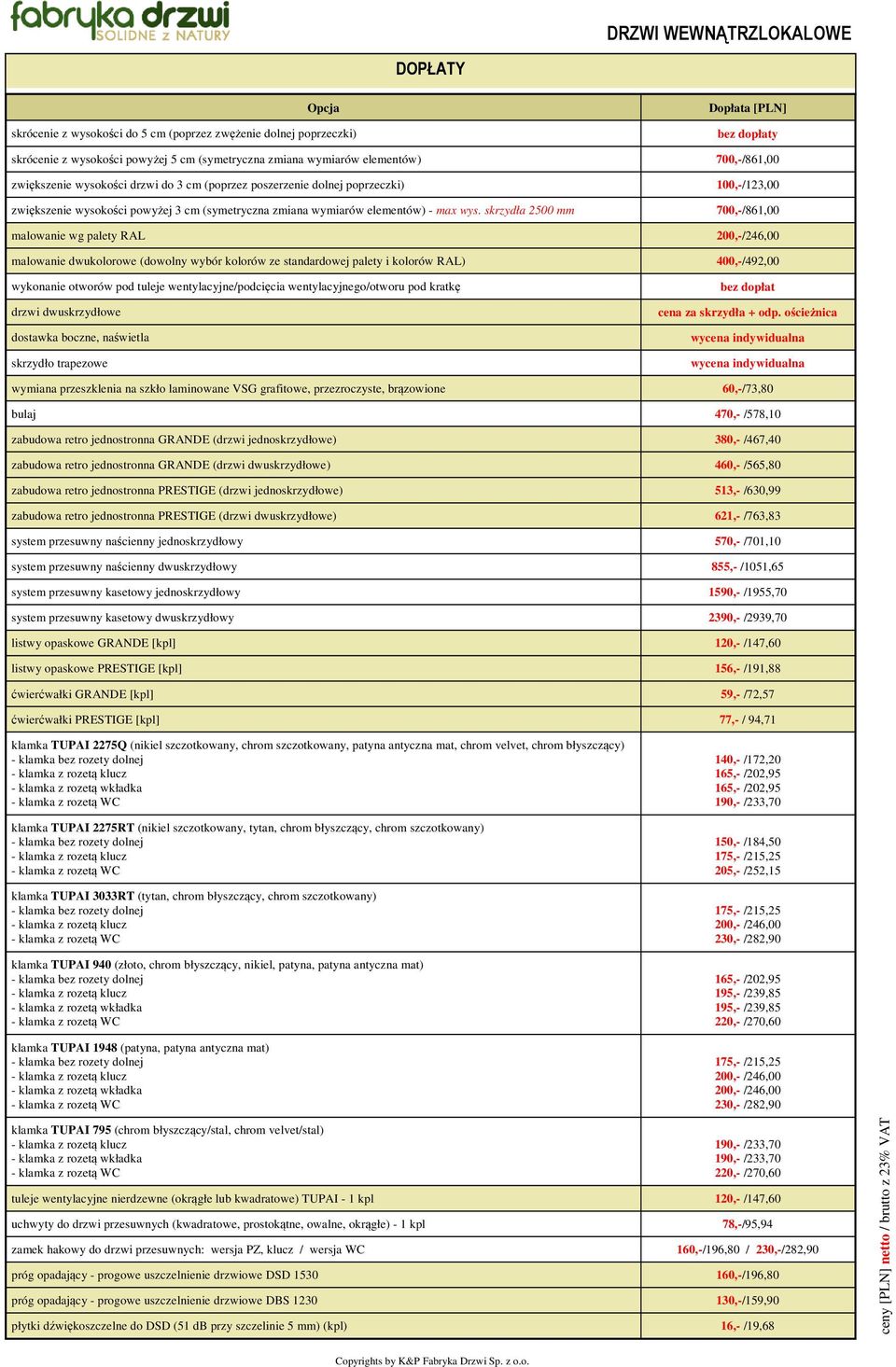 skrzydła 2500 mm 700,-/861,00 malowanie wg palety RAL 200,-/246,00 malowanie dwukolorowe (dowolny wybór kolorów ze standardowej palety i kolorów RAL) 400,-/492,00 wykonanie otworów pod tuleje