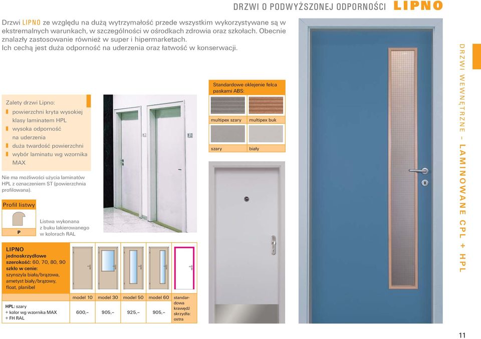 Zalety drzwi Lipno: powierzchni kryta wysokiej klasy laminatem HPL wysoka odporność na uderzenia duża twardość powierzchni wybór laminatu wg wzornika MAX Nie ma możliwości użycia laminatów HPL z