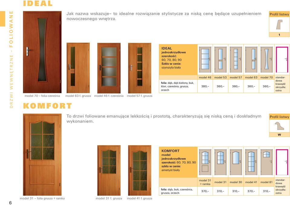 grusza IDEAL szerokość: 60, 70, 80, 90 Szkło w cenie: szynszyla biała folia: dąb, dąb bielony, buk, klon, czereśnia, grusza, orzech model 46 380, model 53 360, model 57 360, model 63 360, model 70