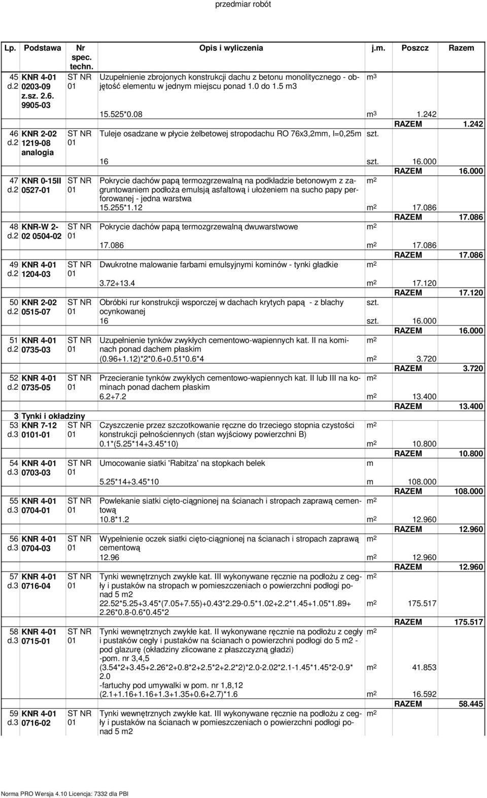 3 0716-02 Opis i wyliczenia j.. Poszcz Raze Uzupełnienie zbrojonych konstrukcji dachu z betonu onolitycznego - objętość eleentu w jedny iejscu ponad 1.0 do 1.5 3 15.525*0.08 3 1.242 RAZEM 1.