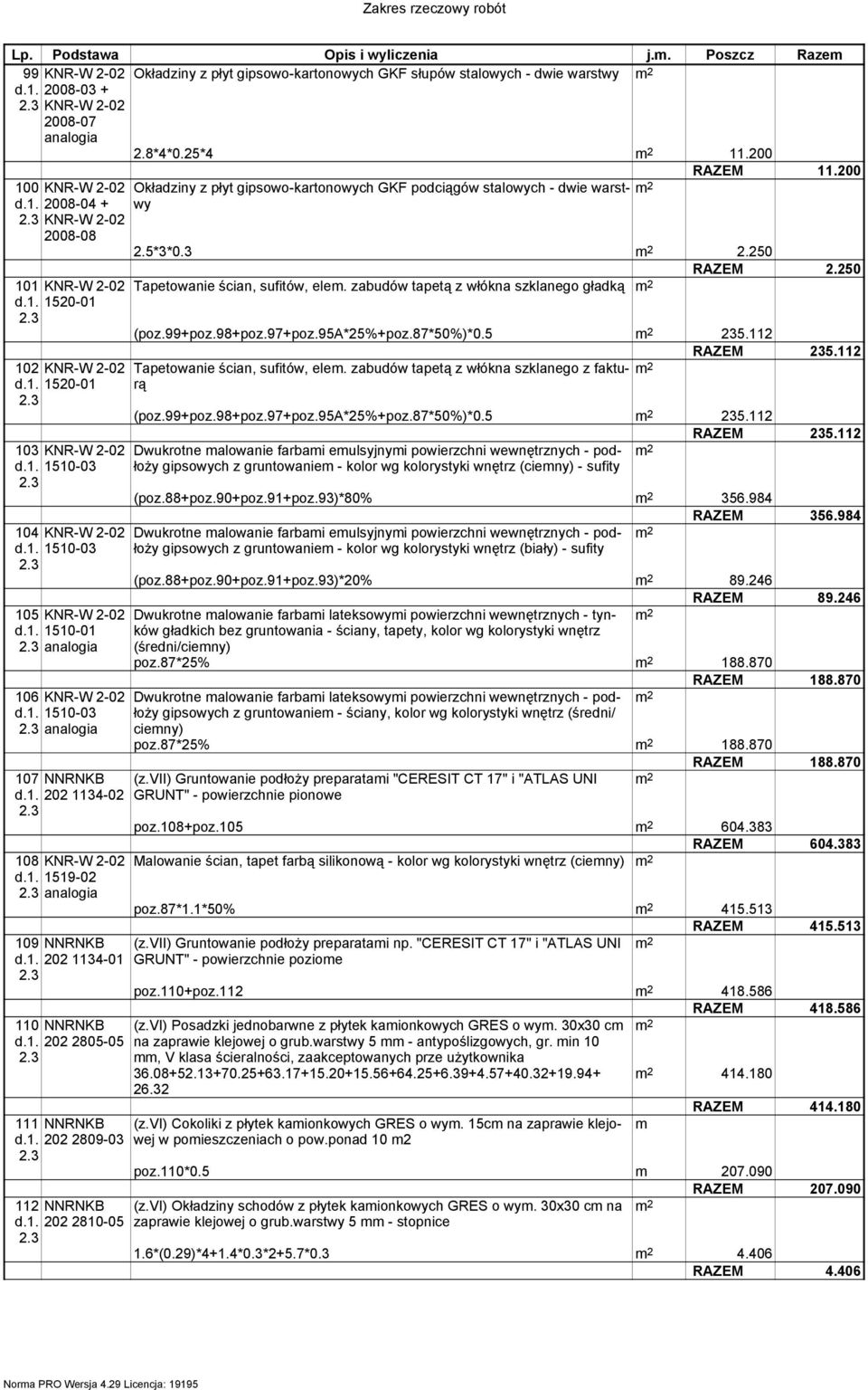 . 202 280-05 Okładziny z płyt gipsowo-kartonowych GKF podciągów stalowych - dwie warstwy RAZEM.200 2.5**0. 50 RAZEM 50 Tapetowanie ścian, sufitów, ele. zabudów tapetą z włókna szklanego gładką (poz.