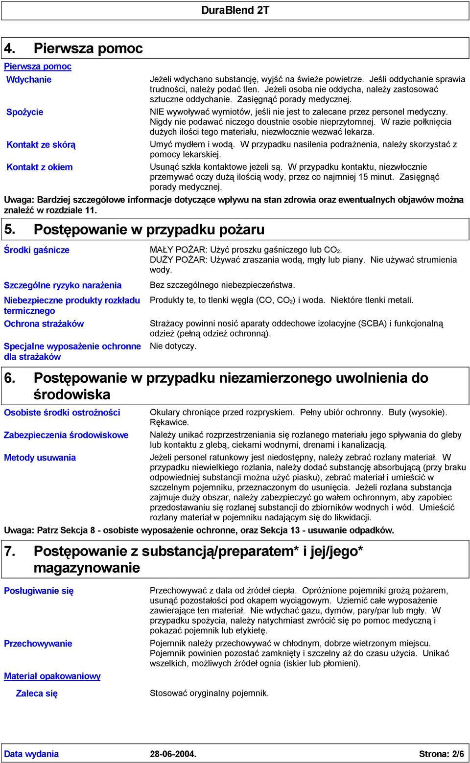 Nigdy nie podawaćniczego doustnie osobie nieprzytomnej. W razie połknięcia dużych ilości tego materiału, niezwłocznie wezwaćlekarza. Kontakt ze skórą Umyćmydłem i wodą.