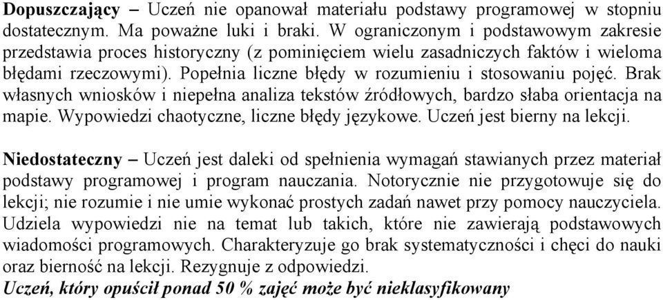 Brak własnych wniosków i niepełna analiza tekstów źródłowych, bardzo słaba orientacja na mapie. Wypowiedzi chaotyczne, liczne błędy językowe. Uczeń jest bierny na lekcji.