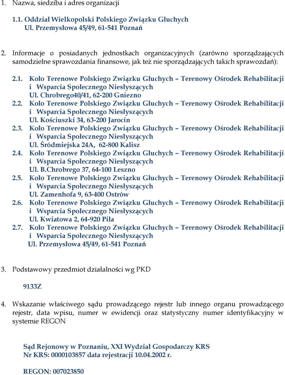 Koło Terenowe Polskiego Związku Głuchych Terenowy Ośrodek Rehabilitacji Ul. Chrobrego40/41, 62-200 Gniezno 2.2. Koło Terenowe Polskiego Związku Głuchych Terenowy Ośrodek Rehabilitacji Ul.