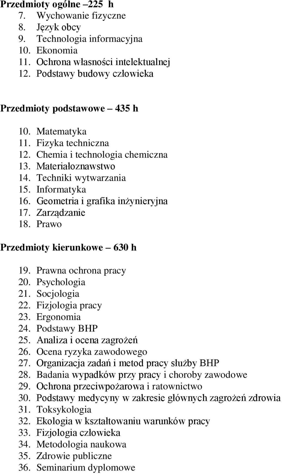 Prawo Przedmioty kierunkowe 630 h 19. Prawna ochrona pracy 20. Psychologia 21. Socjologia 22. Fizjologia pracy 23. Ergonomia 24. Podstawy BHP 25. Analiza i ocena zagrożeń 26.