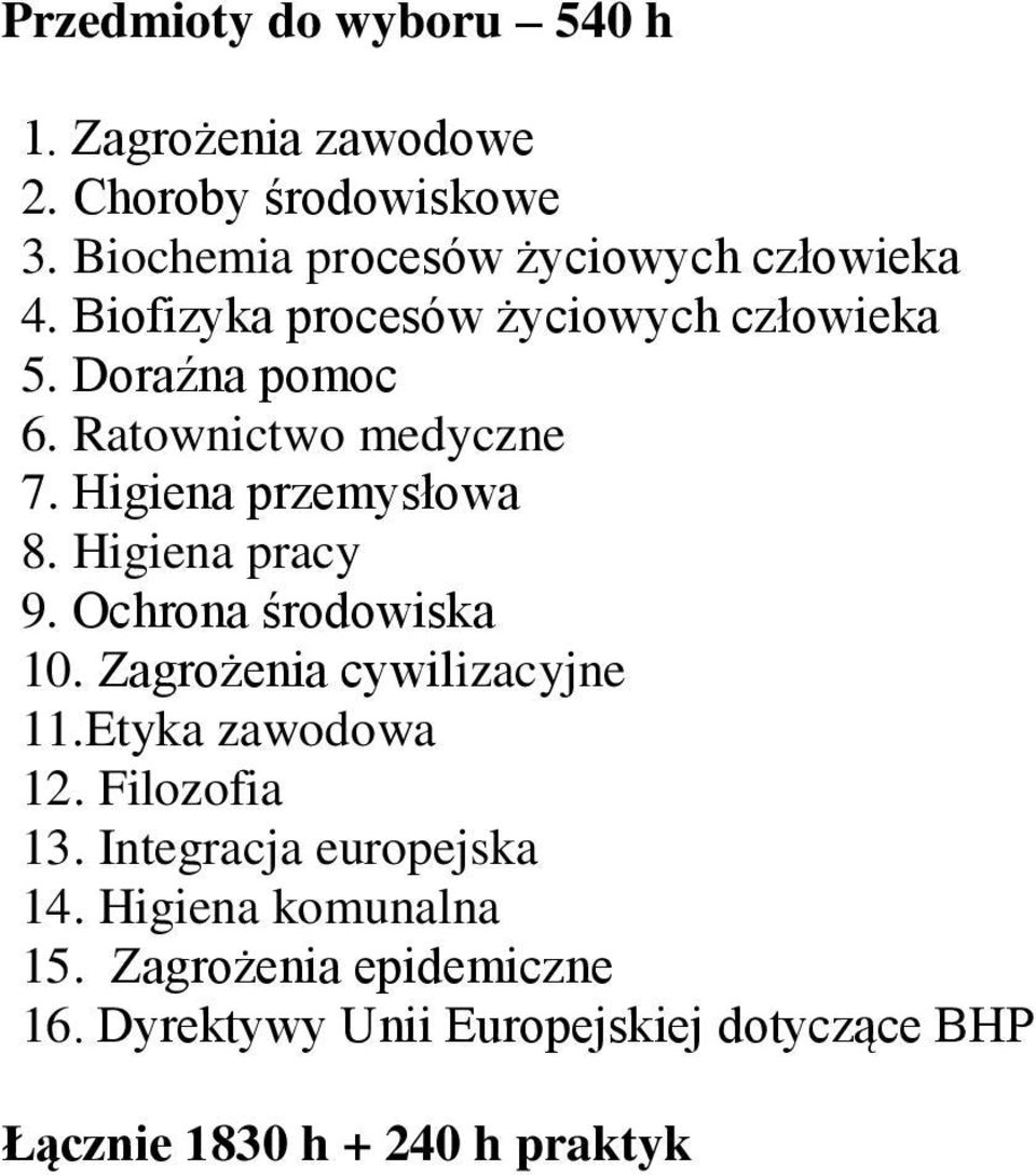 Higiena pracy 9. Ochrona środowiska 10. Zagrożenia cywilizacyjne 11.Etyka zawodowa 12. Filozofia 13.