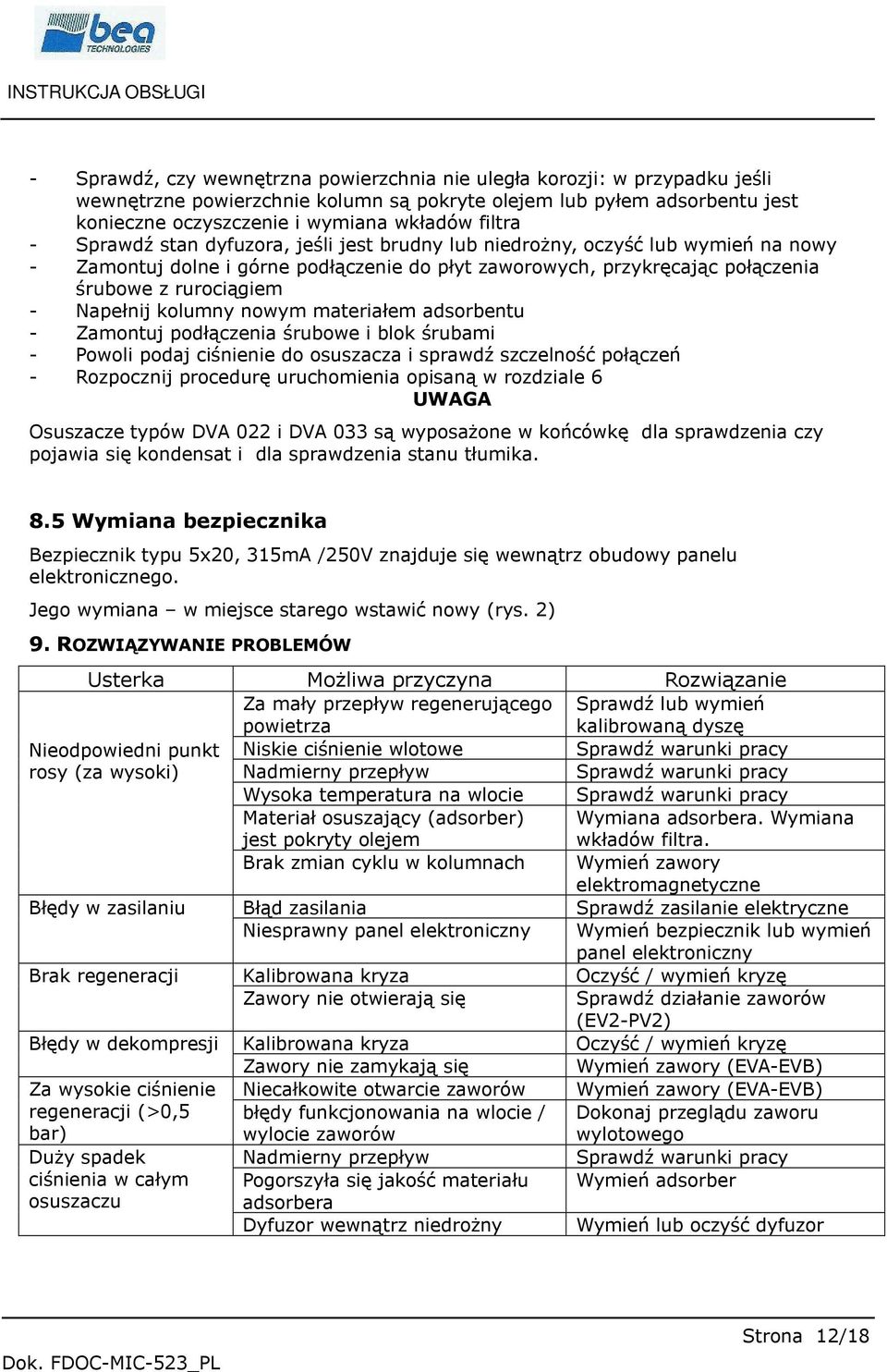 kolumny nowym materiałem adsorbentu - Zamontuj podłączenia śrubowe i blok śrubami - Powoli podaj ciśnienie do osuszacza i sprawdź szczelność połączeń - Rozpocznij procedurę uruchomienia opisaną w