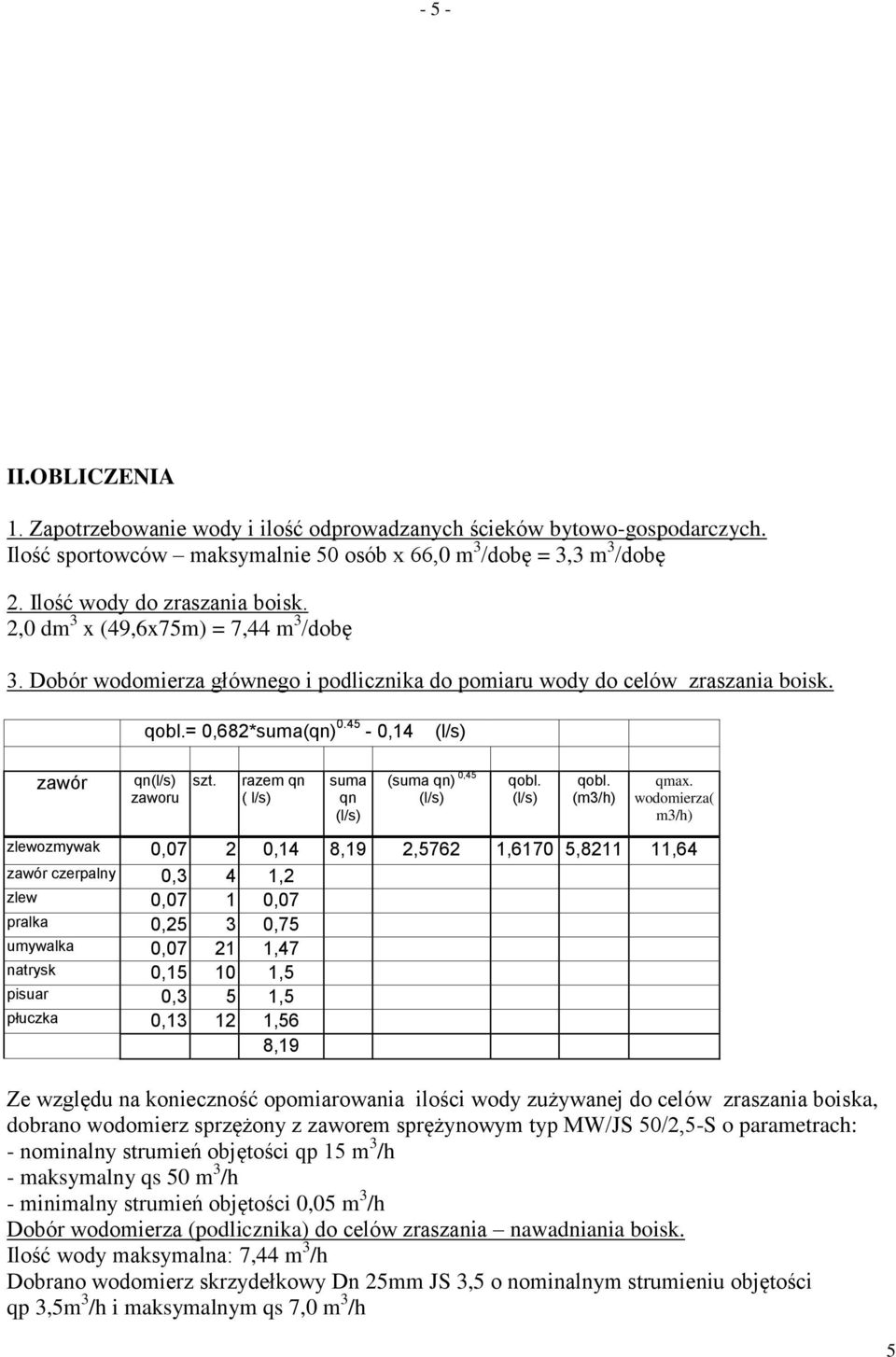 razem qn ( l/s) suma qn (l/s) (suma qn) 0,45 (l/s) qobl. (l/s) qobl. (m3/h) qmax.