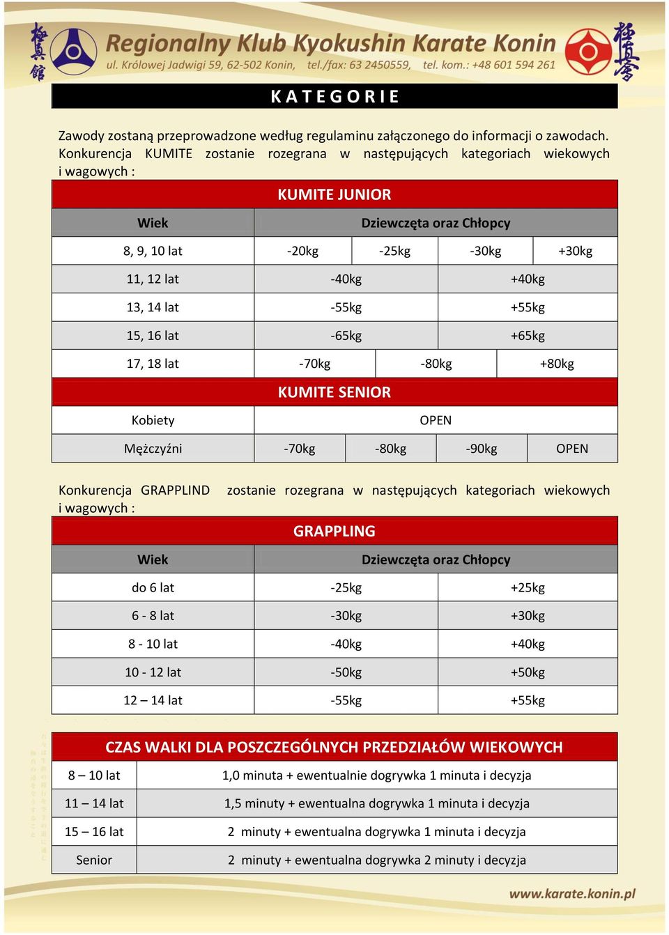 lat -55kg +55kg 15, 16 lat -65kg +65kg 17, 18 lat -70kg -80kg +80kg Kobiety KUMITE SENIOR OPEN Mężczyźni -70kg -80kg -90kg OPEN Konkurencja GRAPPLIND i wagowych : Wiek zostanie rozegrana w