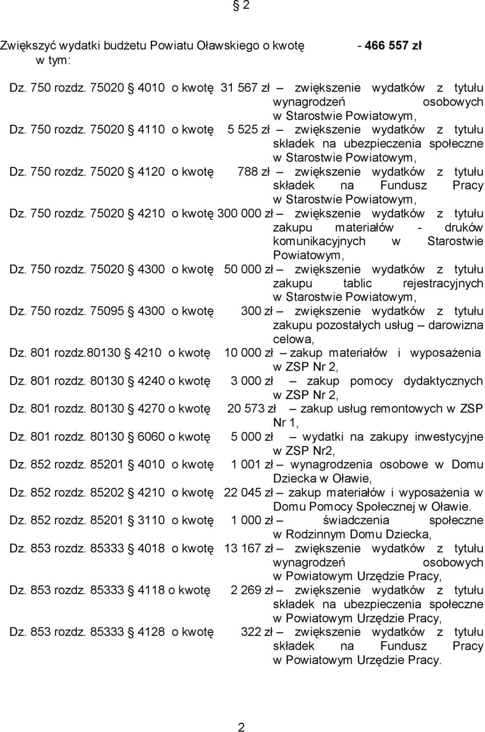 75020 4210 o kwotę 300 000 zł zwiększenie wydatków z tytułu zakupu materiałów - druków komunikacyjnych w Starostwie Powiatowym, Dz. 750 rozdz.