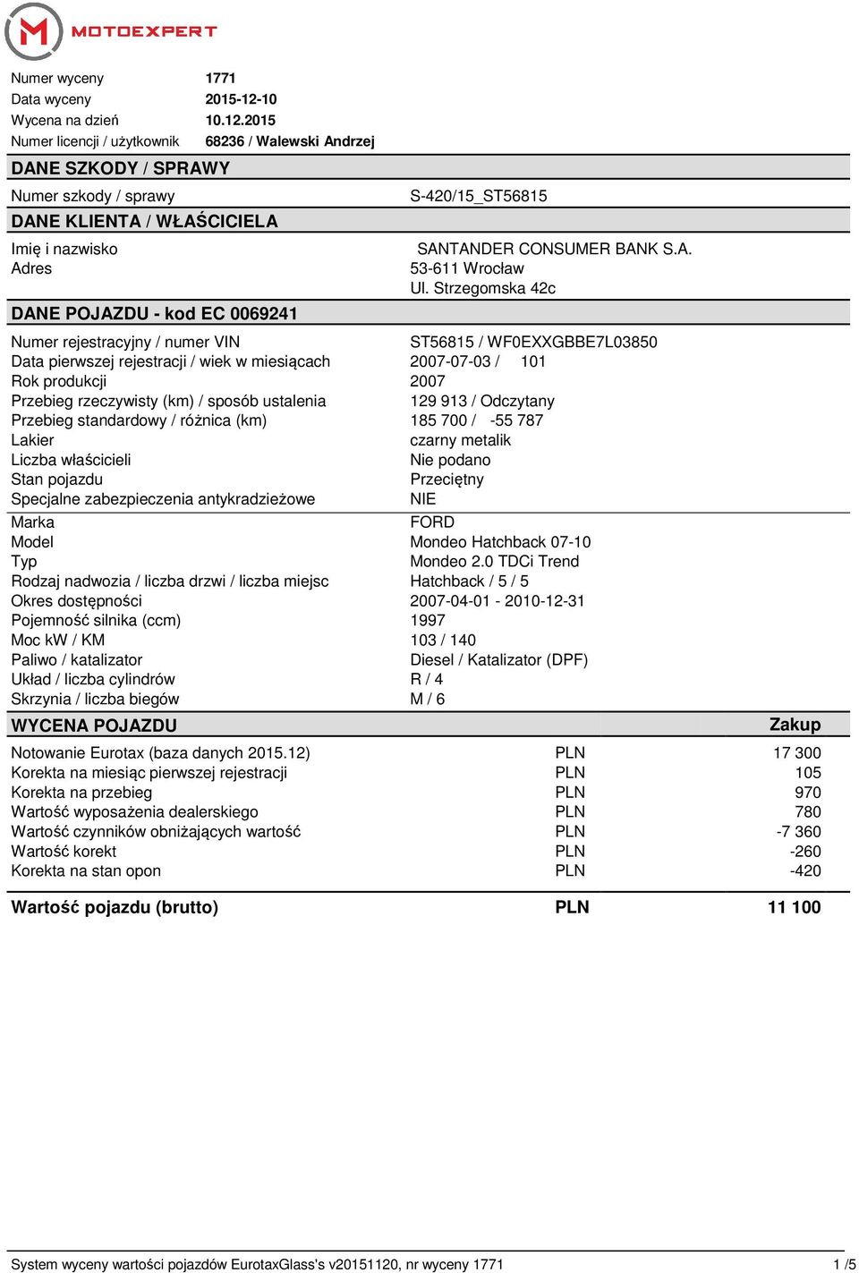 2015 Numer licencji / użytkownik DANE SZKODY / SPRAWY Numer szkody / sprawy DANE KLIENTA / WŁAŚCICIELA Imię i nazwisko Adres 68236 / Walewski Andrzej DANE POJAZDU - kod EC 0069241 S-420/15_ST56815